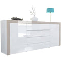 Sideboard mit Schubladen, glaenzenden Oberflaechen und grifflosen Fronten