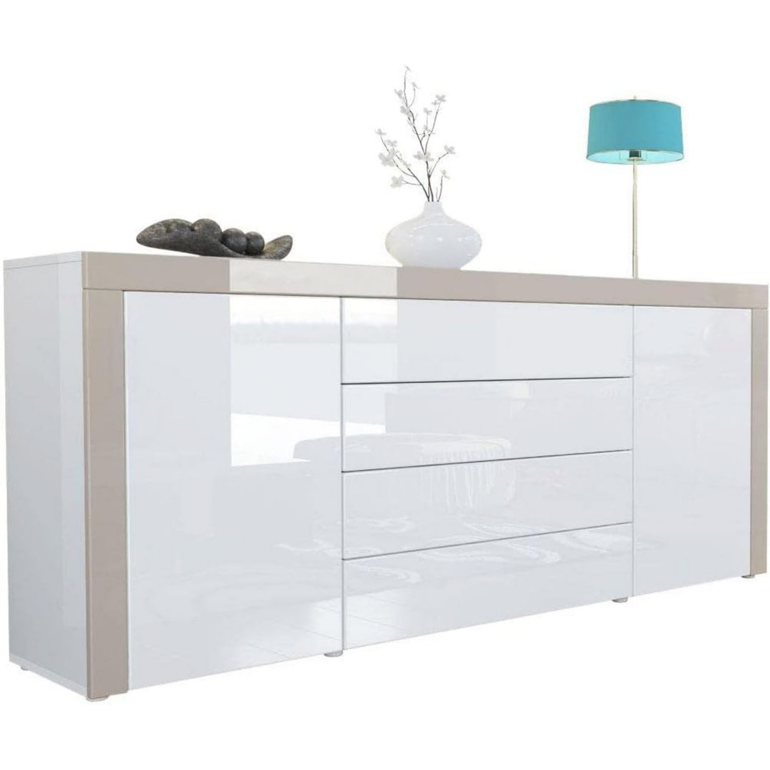Sideboard mit Schubladen, glaenzenden Oberflaechen und grifflosen Fronten